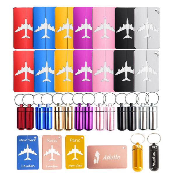 28 Packs Metall-Gepäckanhänger Gepäck-Etiketten und Mini-Fläschchen Medikamentenbox Pillenbox für Reisen